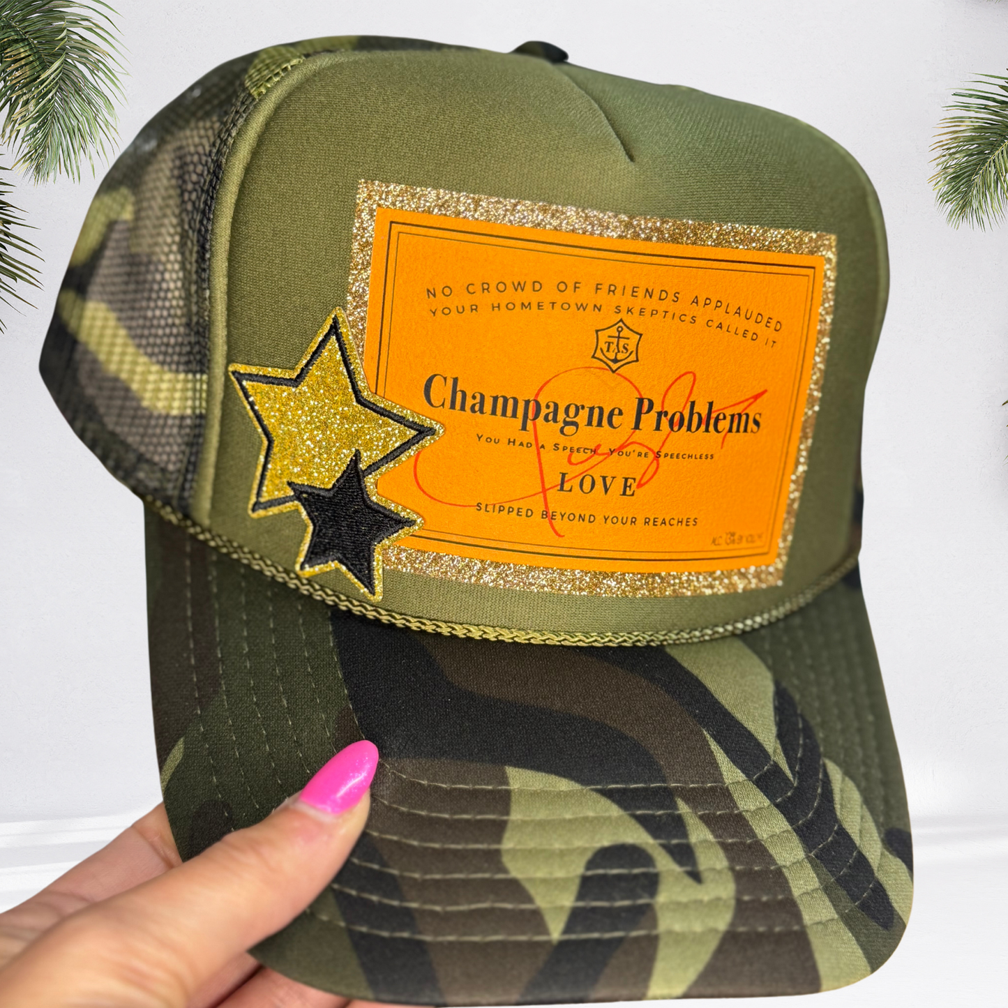 "Champagne Problems" Camo Glitter Trucker Hat : Dark Camo Hat - No Gold Star Patch