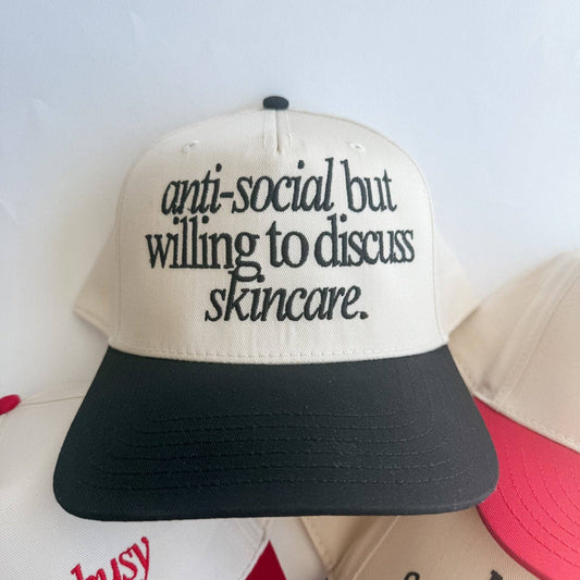 Anti-Social but willing to discuss - Trucker Hat: Black and Cream / Skincare